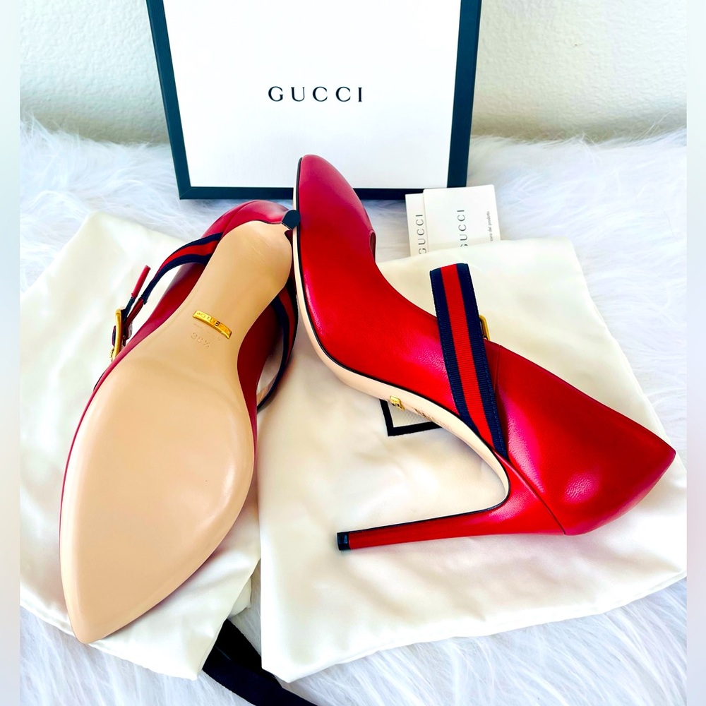 New! GUCCI “Mary Jane” inspired
RED Leather Sylvie Web Strap Heels Size 38.5 - Picture 5 of 14